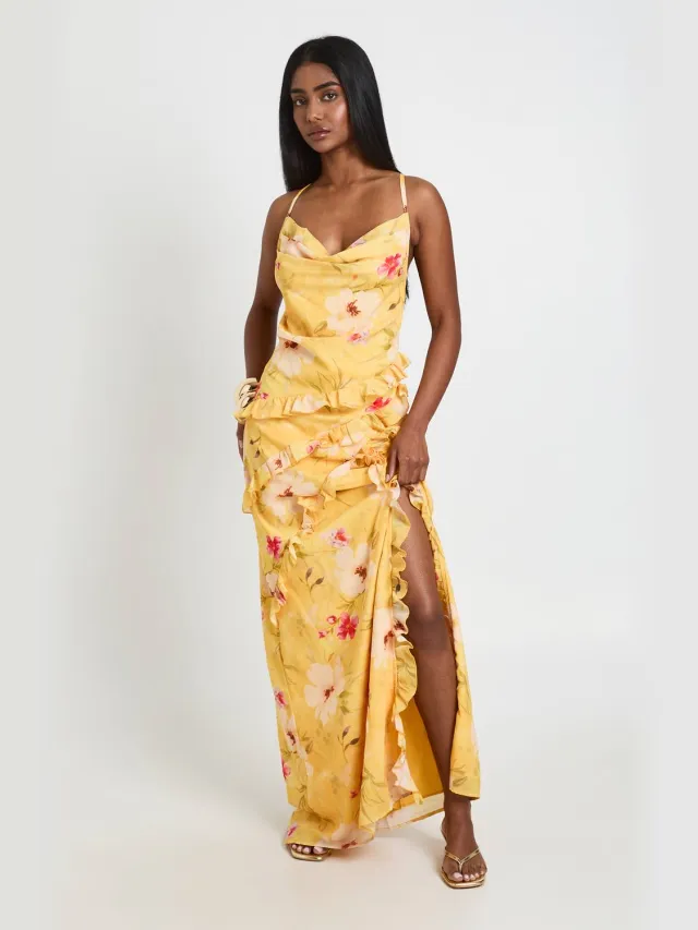boohoo Dames Gebloemde Chiffon Maxi Jurk Met Gelaagde Ruches Oranje