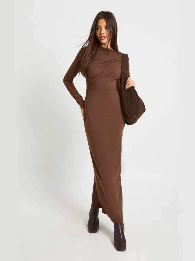 boohoo Dames Geruched lange mouwen midaxi jurk Chocoladebruin