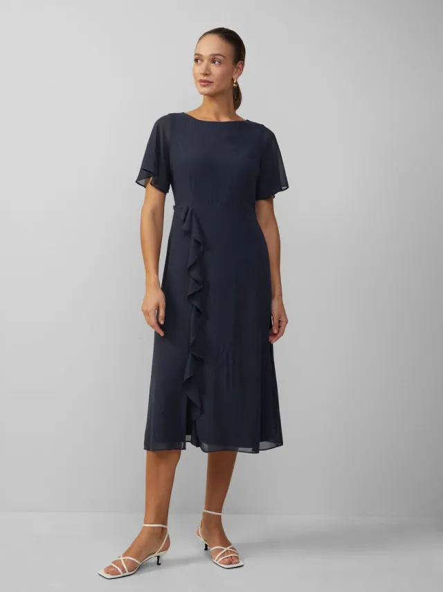 S.Oliver female - Chiffon jurk met volants en boothals navy