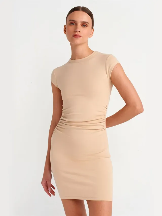 Dilvin Dames Bodycon Mini Jurk Beige