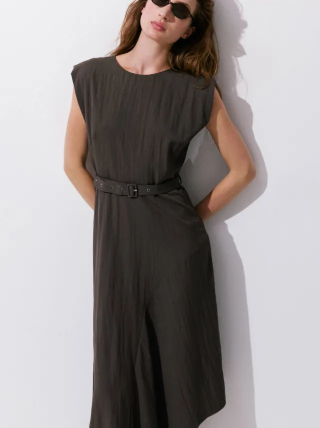 Mango midi jurk met ceintuur - bruin, foto 5
