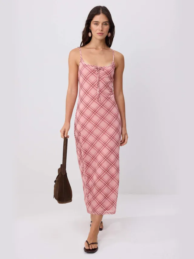 Trendyol TRENDYOLMİLLA Dames Roze Geruit Maxi Mouwloos Casual A-lijn Jurken