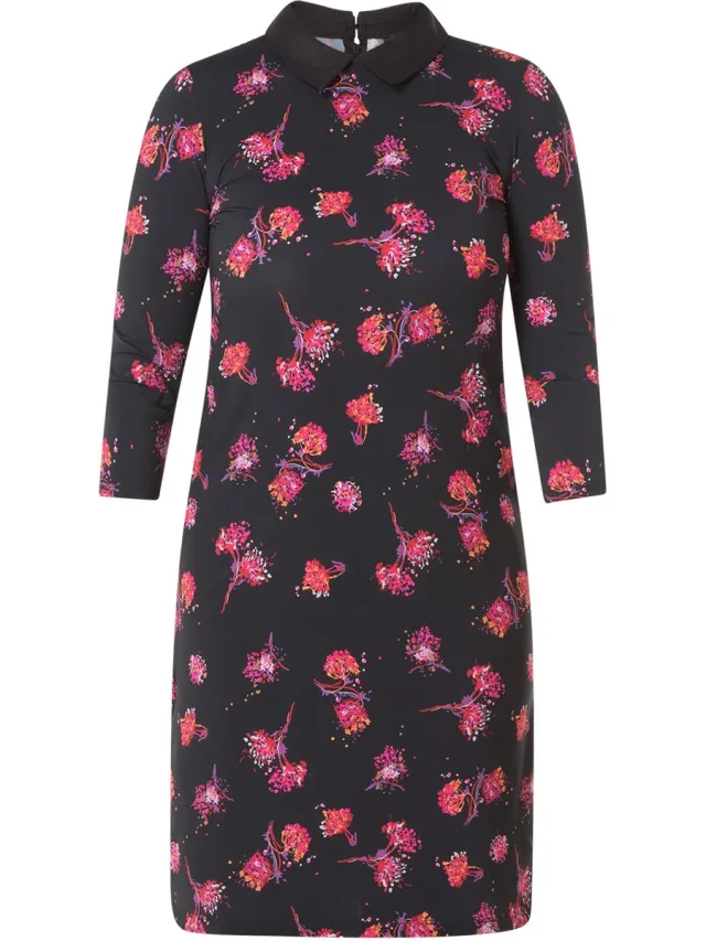 Yesta Jurk Yesta print uni kraagje 105CM Black/Multi-Colour