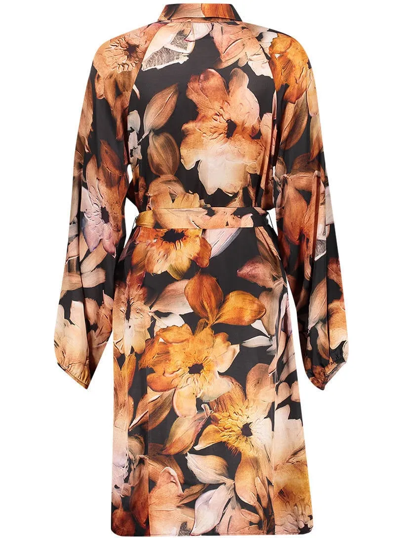 Geisha gebloemde midi blousejurk - zwart/oranje, foto 3