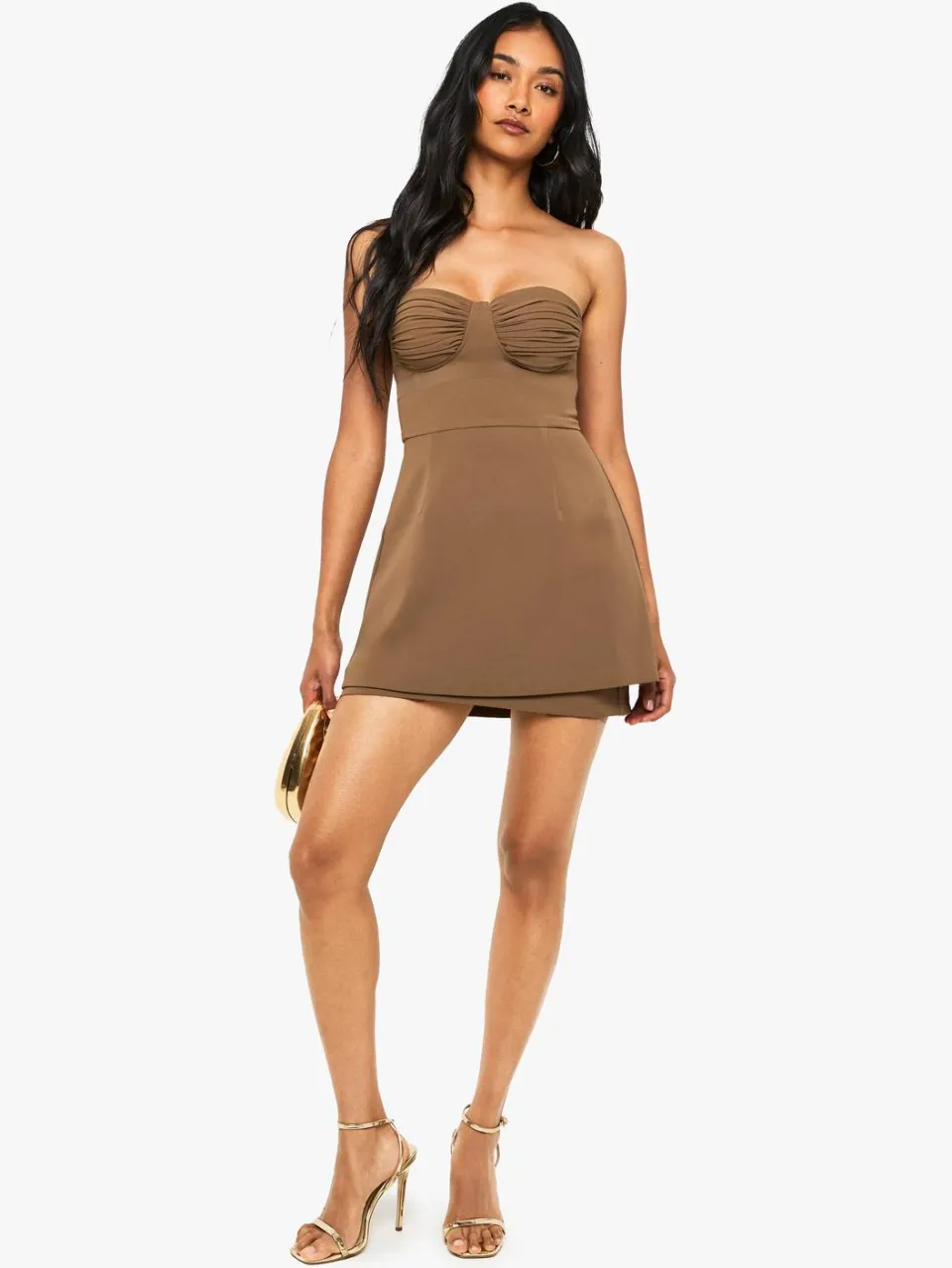 boohoo Dames Op maat gemaakte geplooide A-lijn mini-jurk mokka, foto 2