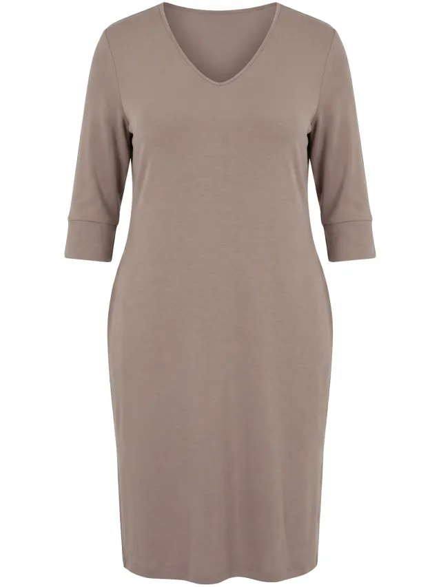 Ulla Popken Dames - Sweatjurk V-hals 3/4-mouw modalmix - Bleekbruin - Maat 62+