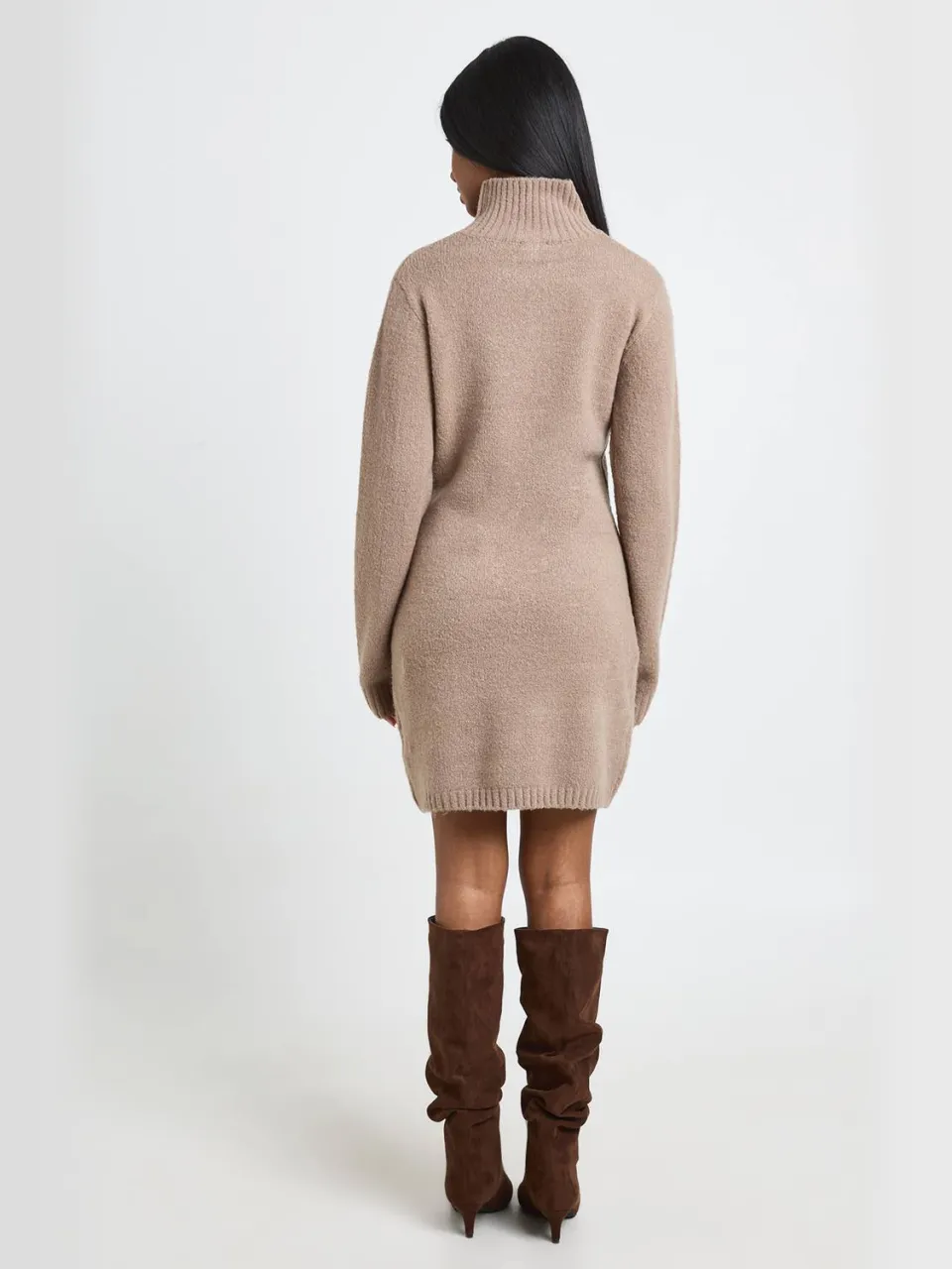 boohoo Dames Gebreide Mini Trui-jurk Met Hoge Hals En Naaddetail taupe, foto 2