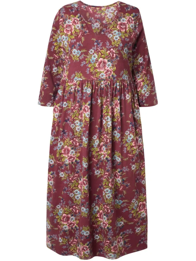 Ulla Popken Dames - Jersey maxi-jurk bloemen A-lijn tuniekhals 3/4-mouwen - Bordeaux - Maat 66+