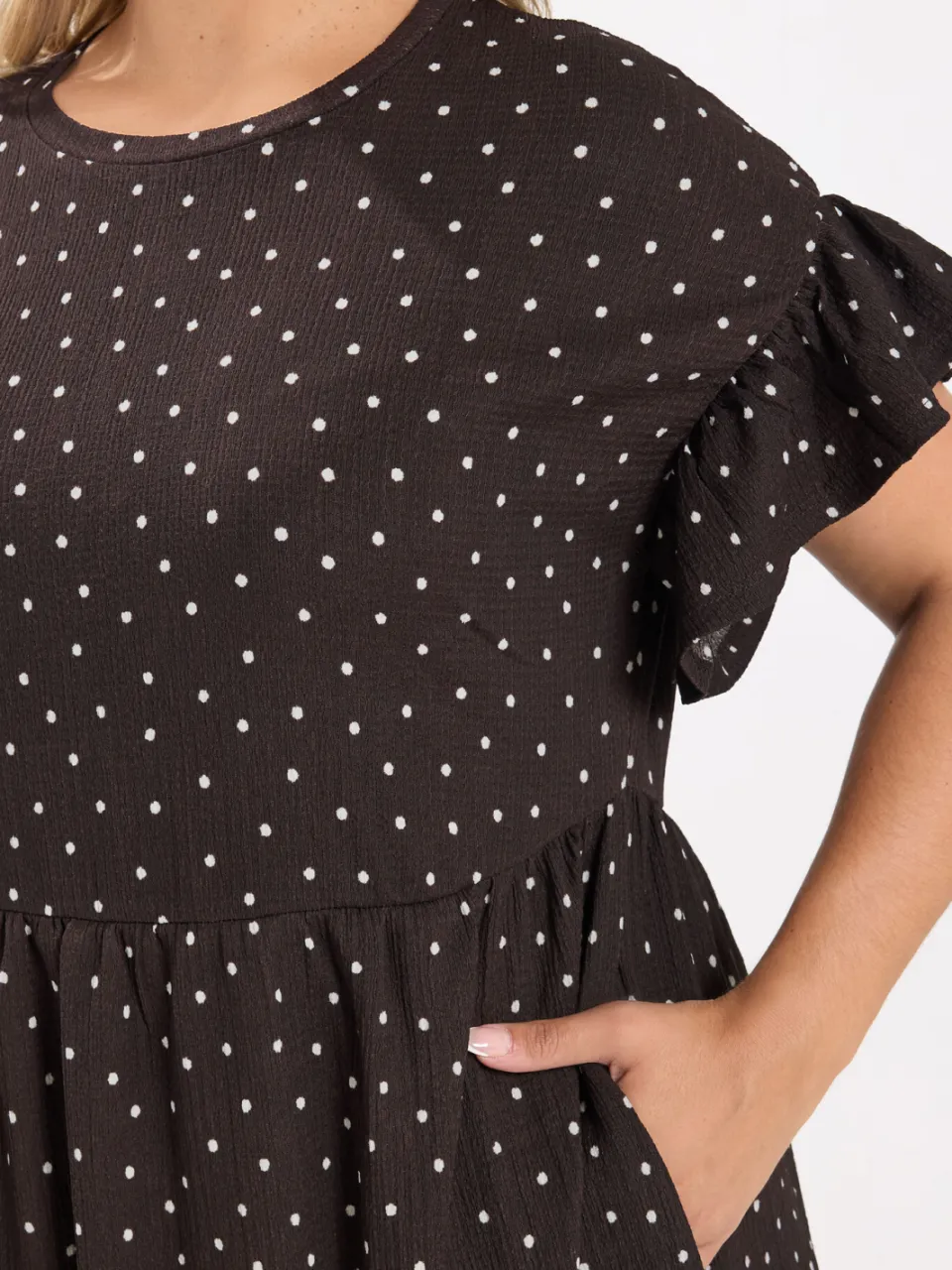 Yours Chocoladebruine Midijurk Met Stippen En Ruchesmouwen, foto 5