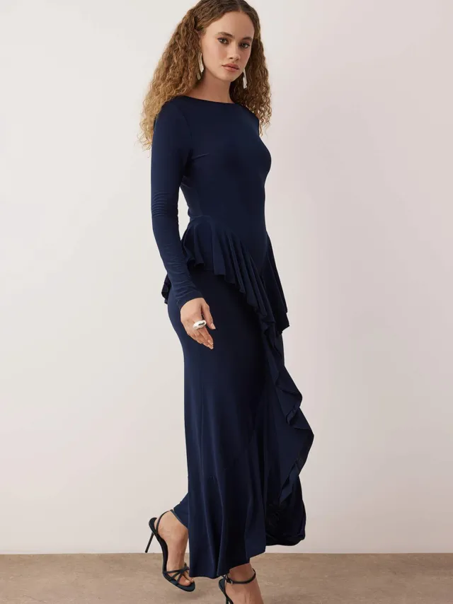 Trendyol TRENDYOLMİLLA Dames Donkerblauw Effen Maxi Lang Stijlvol/Avond Bodycon Jurken marineblauw/blauw, foto 2