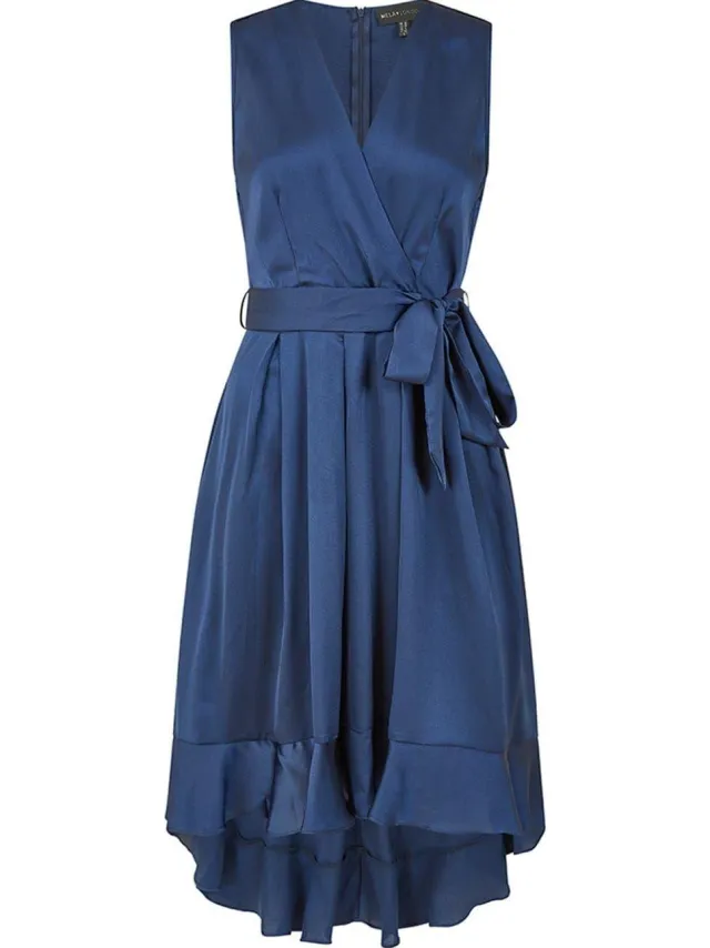 Mela London Dames Satijnen V-Hals Mouwloze Wikkeljurk (Marineblauw), foto 2
