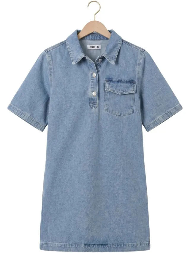 Edited Asta Denim Dress Dames - Jurk - Lichtblauw