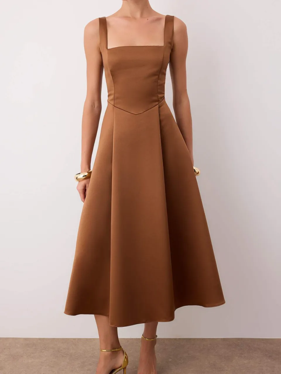 Trendyol TRENDYOLMİLLA Dames Bruin Effen Midi Mouwloos Stijlvol/Avond Skater Jurken, foto 2