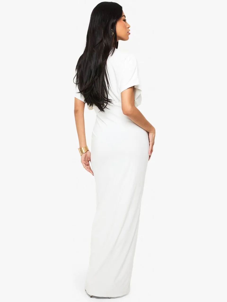 boohoo Dames Dubbele laag gerimpelde diepe V-hals batwing maxijurk crème, foto 2