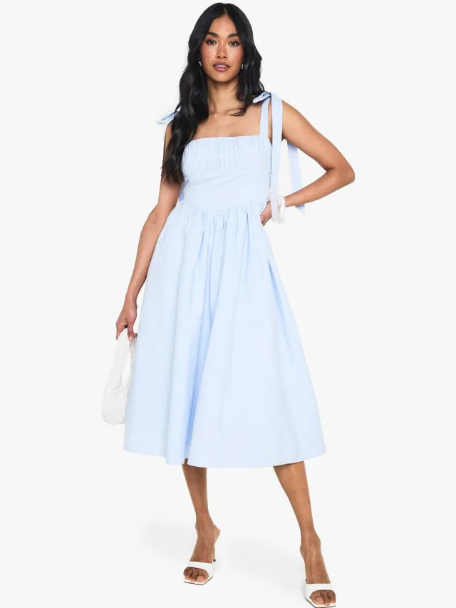 boohoo Dames Cotton Ruched Bust Shoulder Tie Midi Dress Lichtblauw