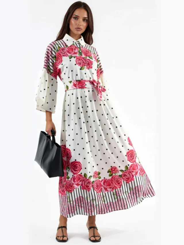 MSN Collection Bloemen Maxi Jurk met Hemdkraag en Knopen Sluiting Gebroken wit