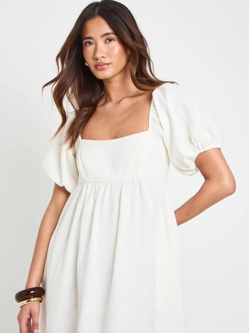 boohoo Dames Linnen Maxi Jurk Met Pofmouwen En Gerimpeld Lijfje natural, foto 3
