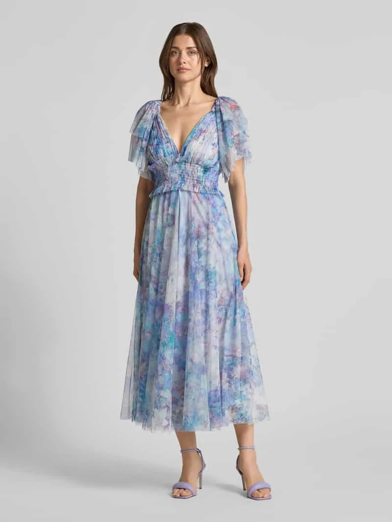 Lace & Beads cocktailjurk met smokdetails en V-hals Blauw