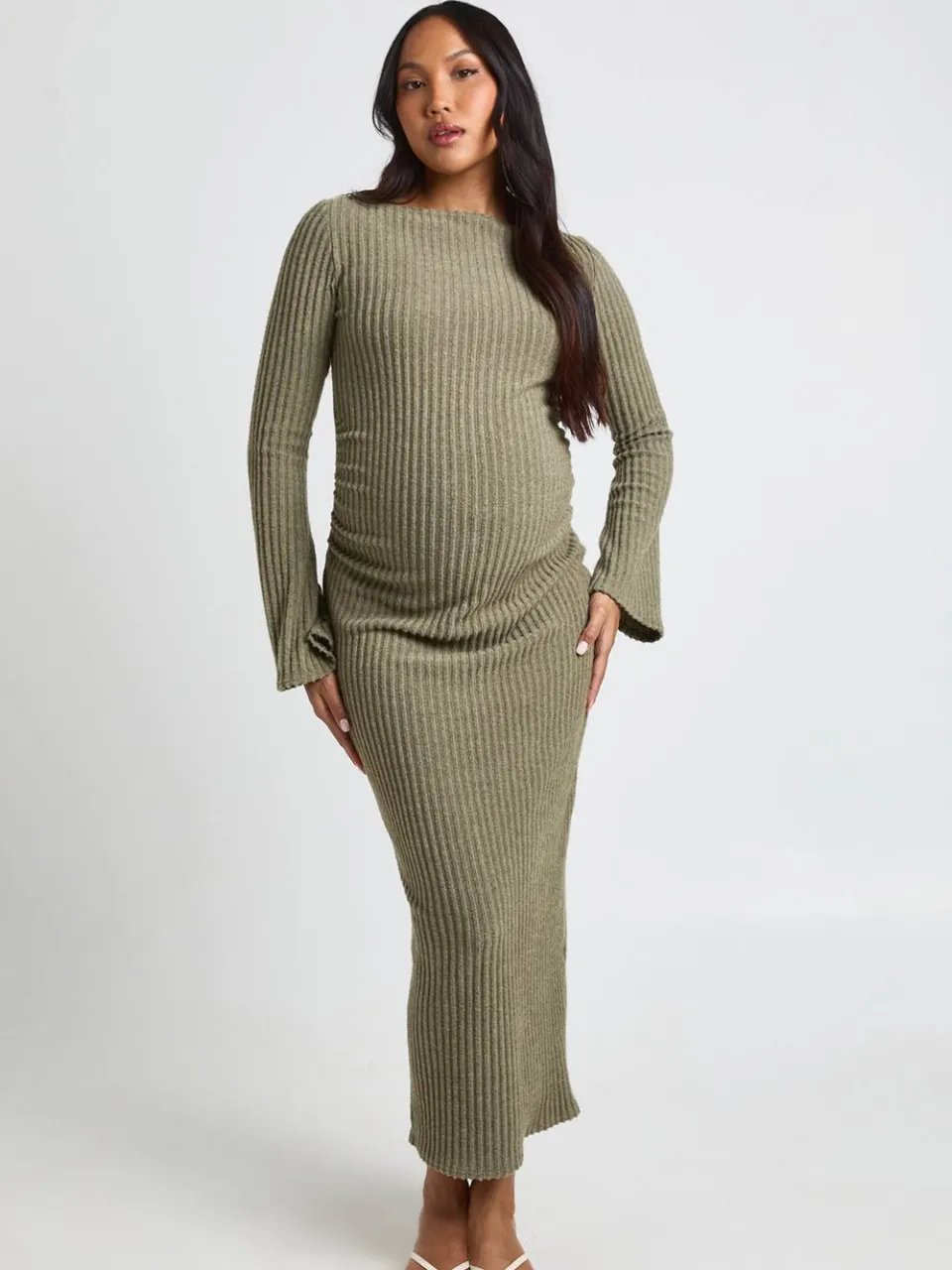 boohoo Dames Zwangerschaps Off-shoulder Midaxi Jurk kaki, foto 3
