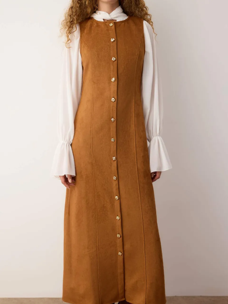 Trendyol Modest Dames Bruin Effen Maxi Mouwloos Zakelijk Recht Modest Jurken, foto 2