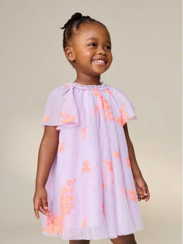 Next Meisjes - Jurk met engelenmouwen van mesh - Paars Lilac Fluro