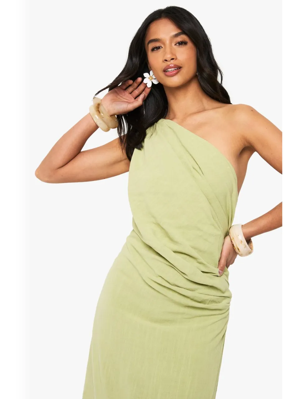 boohoo Dames Petite Maxi-jurk met linnenlook en gedrapeerde band op de rug groente, foto 2