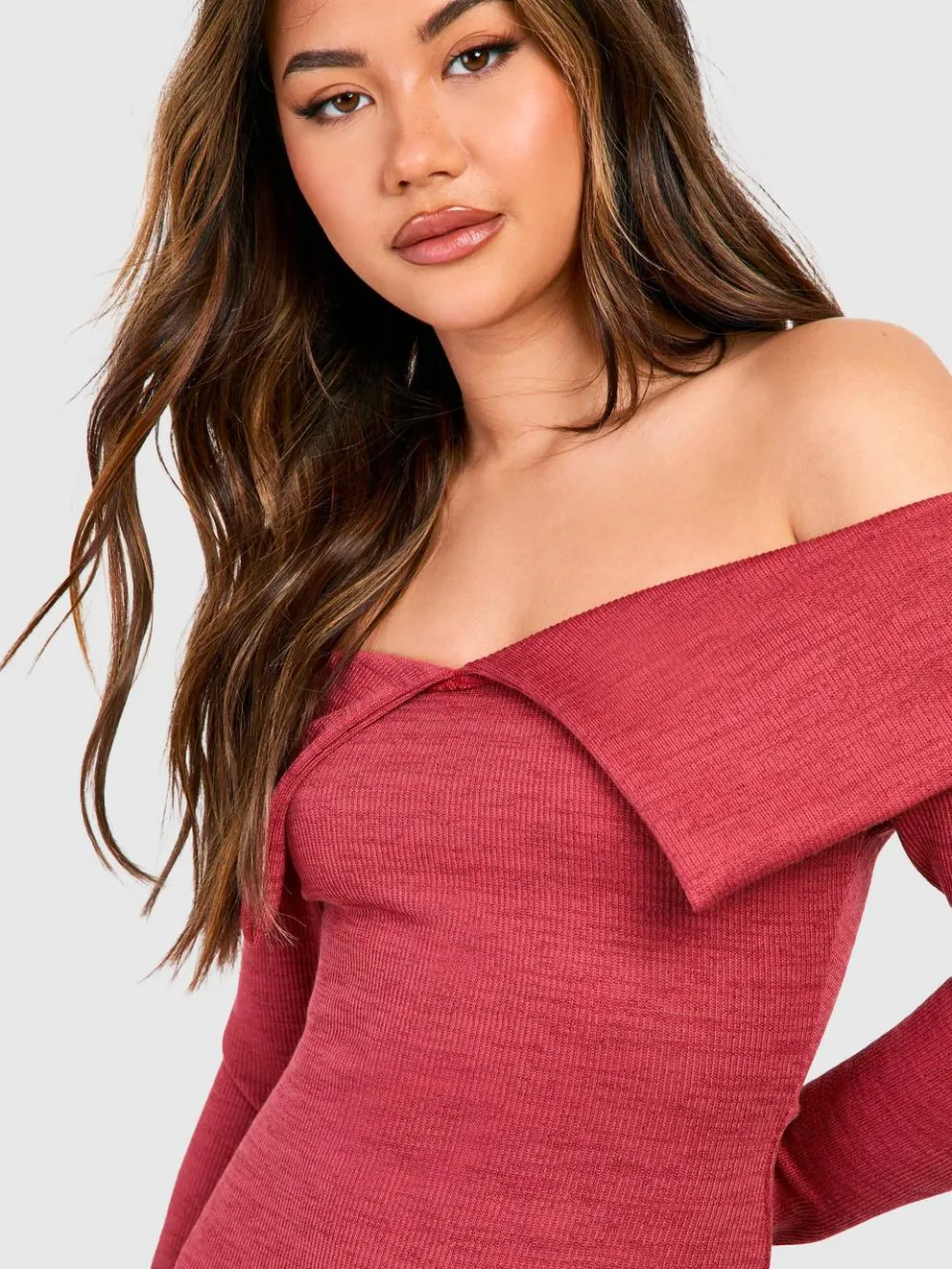 boohoo Dames Bardot Heavy Rib Maxi Jurk met Lange Mouwen roos, foto 2