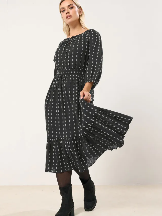 Yours Katoenen Lange Jurk Met Bardothals En Stippenprint In Zwart Black