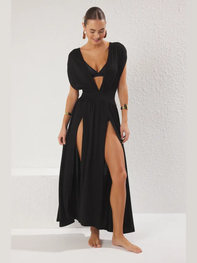 Trendyol TRENDYOLMİLLA Dames Zwart Effen Maxi Mouwloos Strandkleding Skater Strandjurken