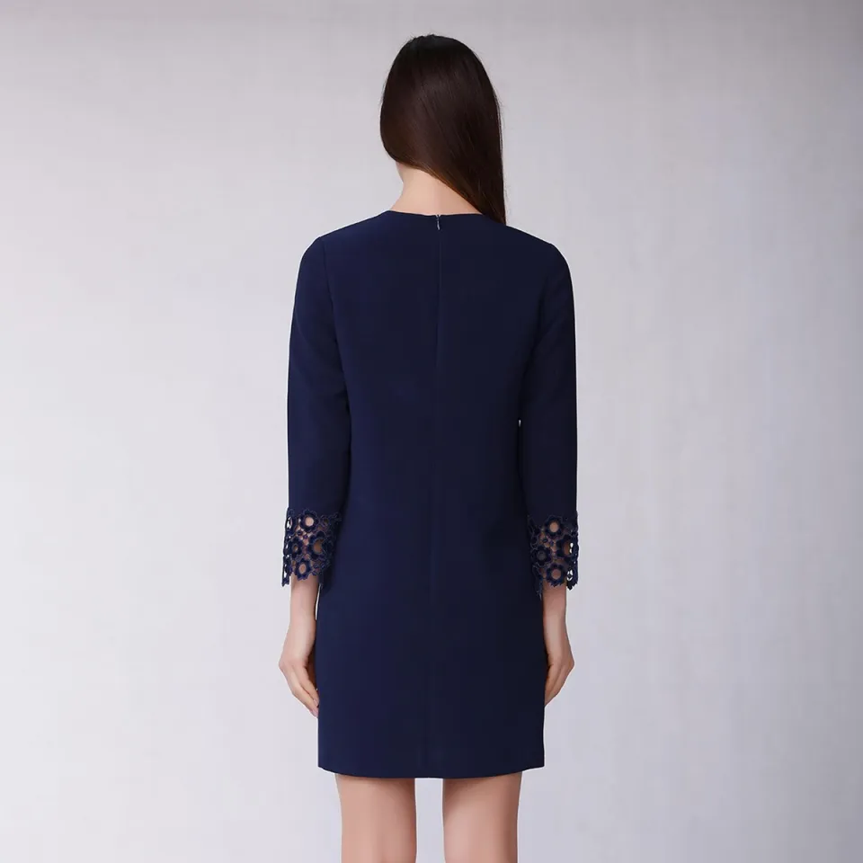 Smart & Joy Rechte jurk versierd met fluwelen kant blauw, foto 2