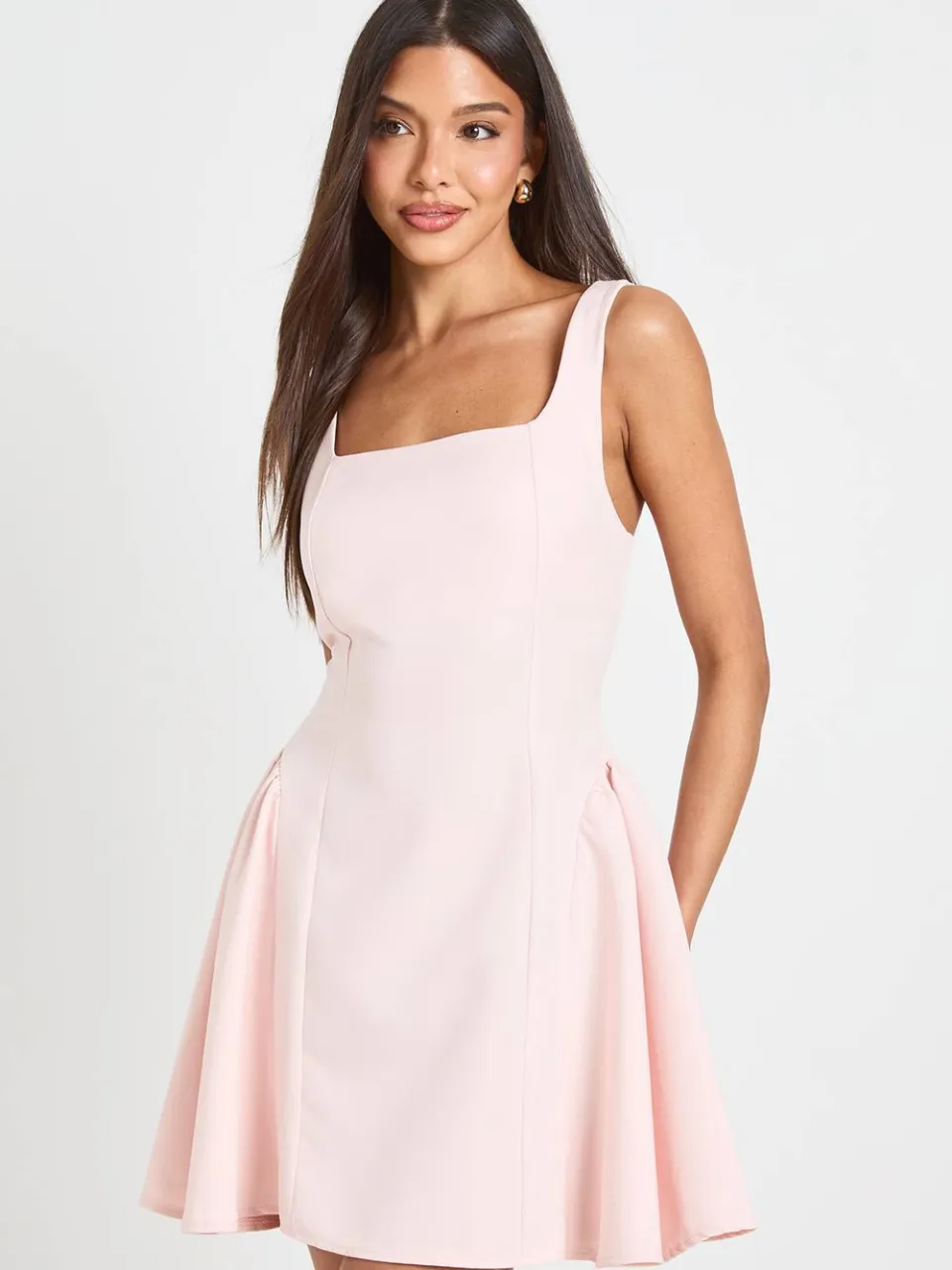 boohoo Dames Mini-jurk Met Vierkante Hals En Volle Rok pastelroze, foto 3