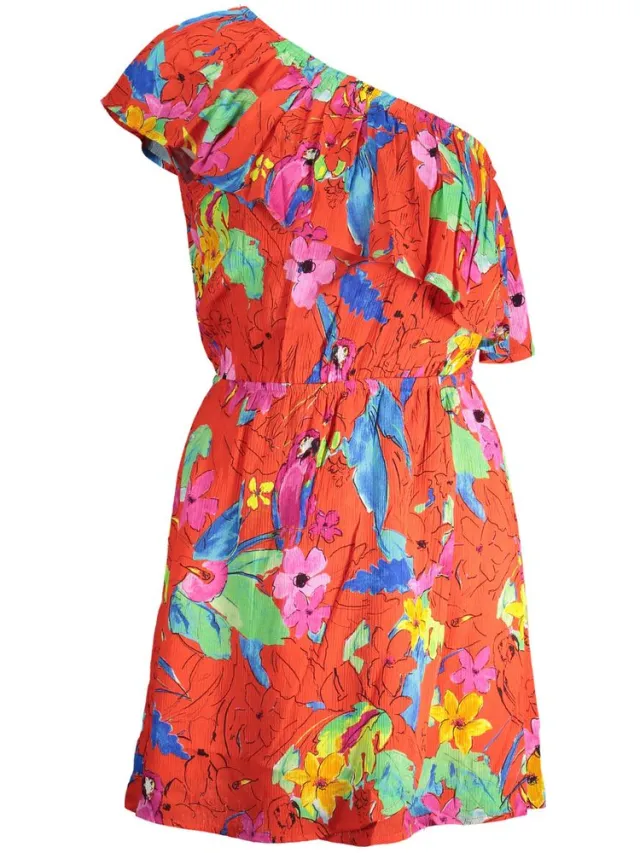 Desigual Bloemenpapegaai Print Jurk Relaxed Fit Oranje