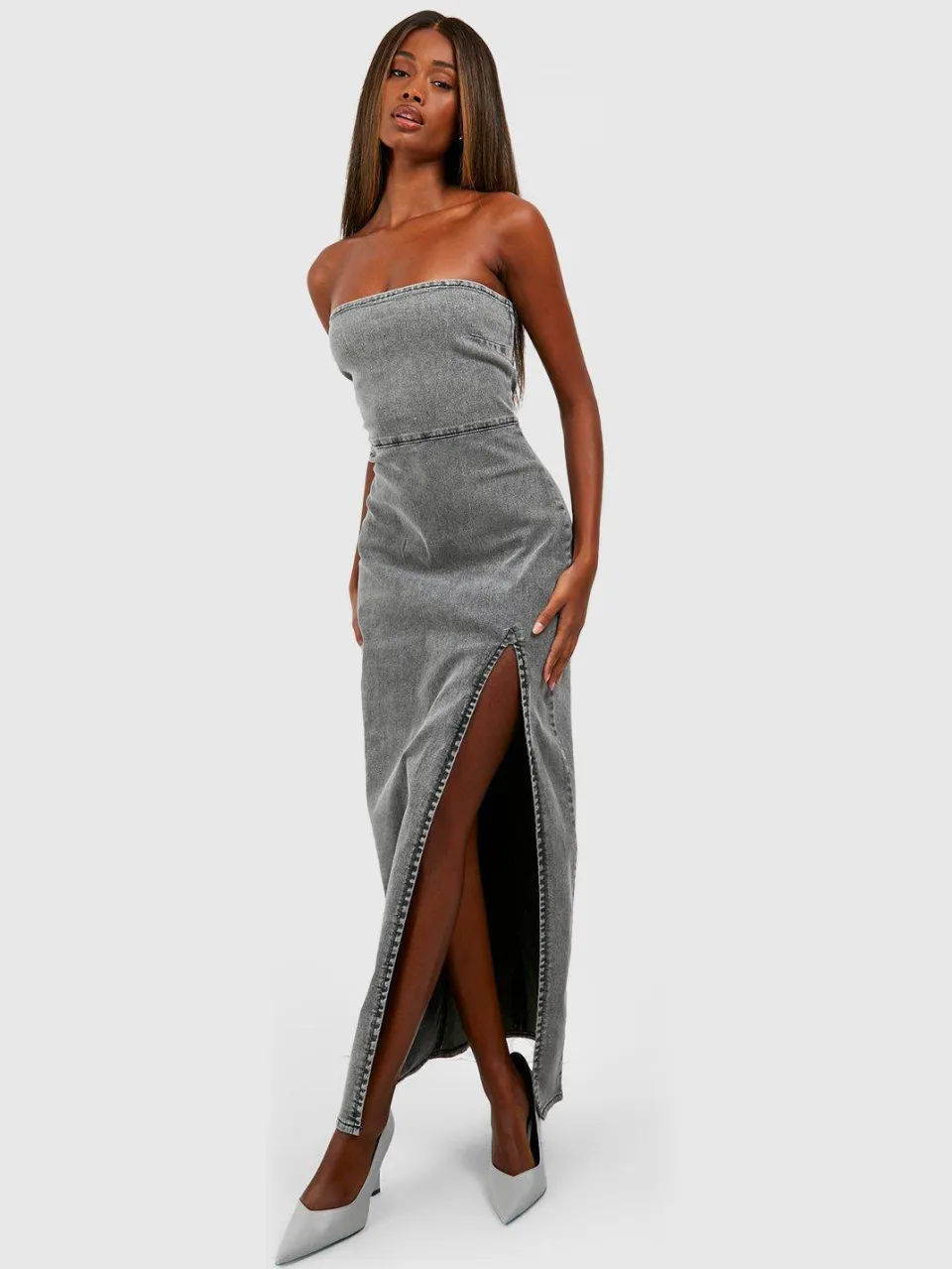 boohoo Dames Denim Side Split Bandeau Maxi Jurk, foto 2