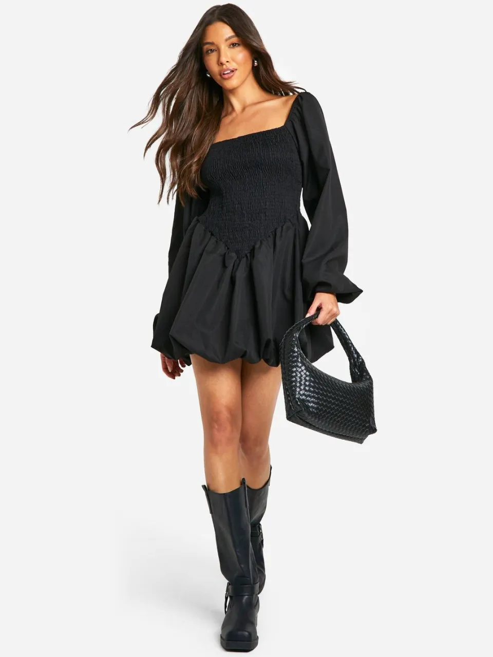 boohoo Dames Gerimpelde Lange Mouw Smock Jurk Zwart