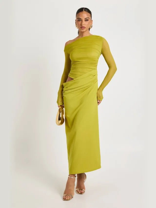 boohoo Dames Mesh Mix Gedrapeerde Midaxi Jurk Chartreuse