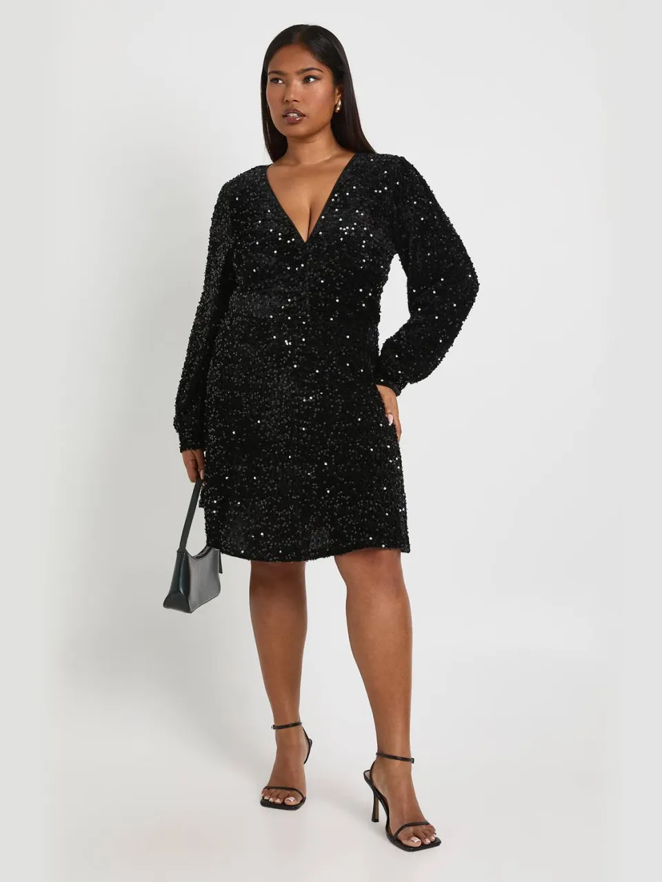 boohoo Dames Plus V-hals fluweel pailletten skaterjurk zwart, foto 3