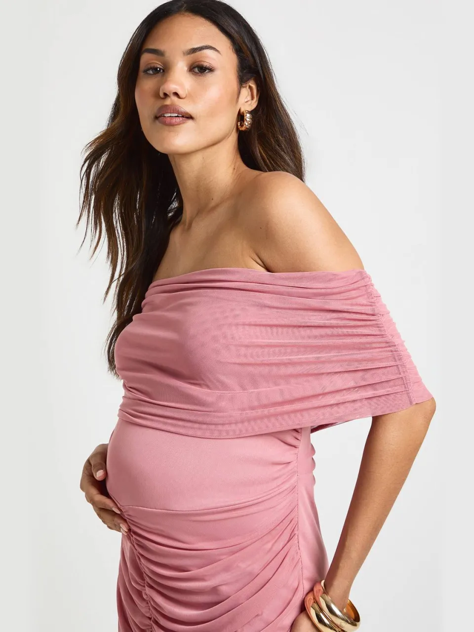 boohoo Dames Zwangerschaps Gerimpelde Bardot Mesh Zoom Midaxi roos, foto 3