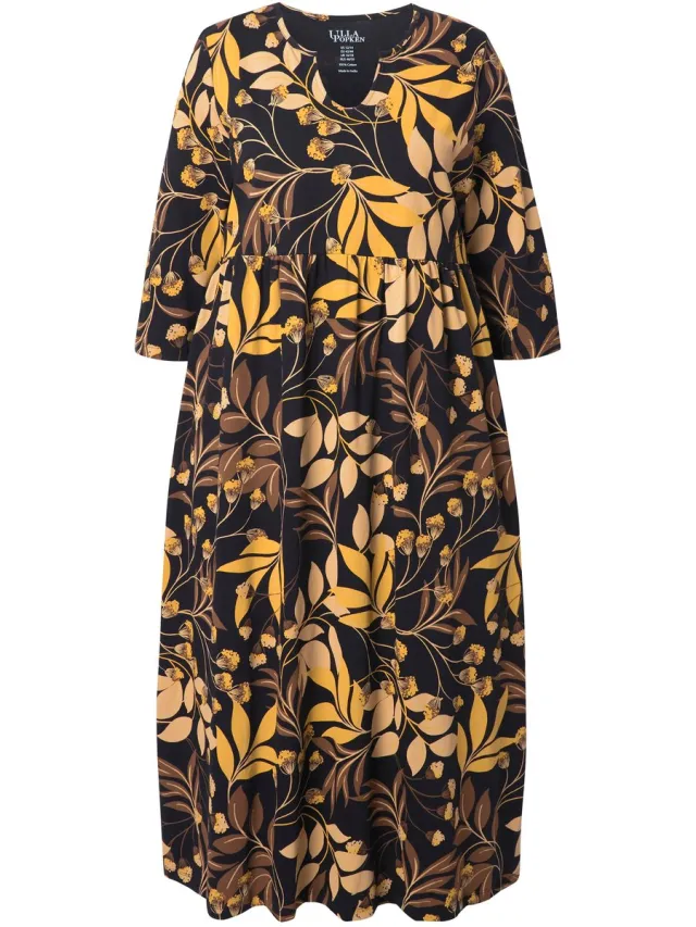 Ulla Popken Dames - Jersey maxi-jurk A-lijn tuniekhals 3/4-mouwen - Zwart - Maat 66+