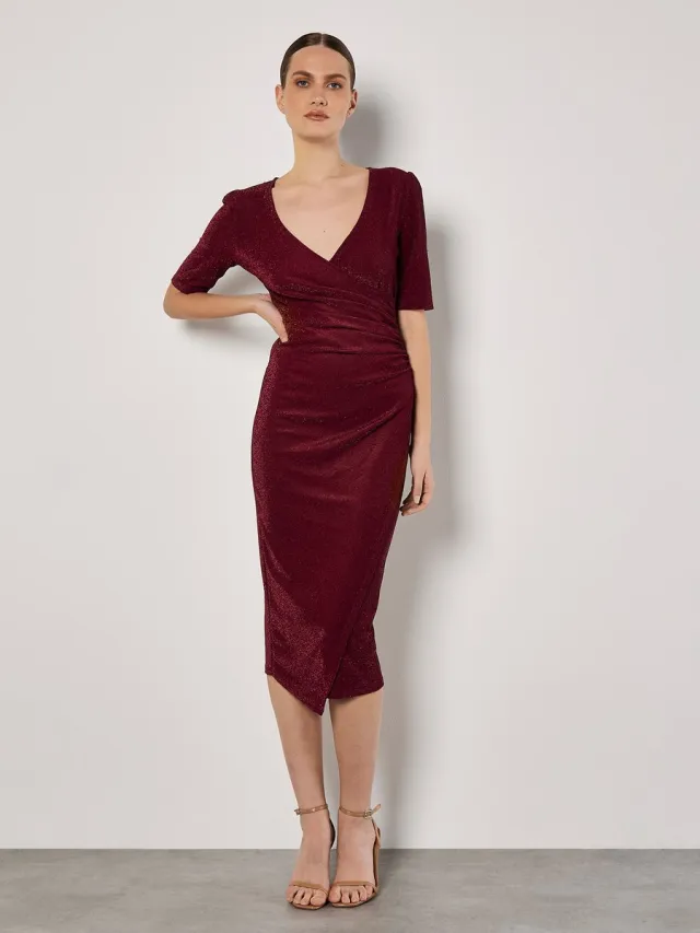 Apricot Midi-jurk met metallic wrap-effect en ruches Burgundy