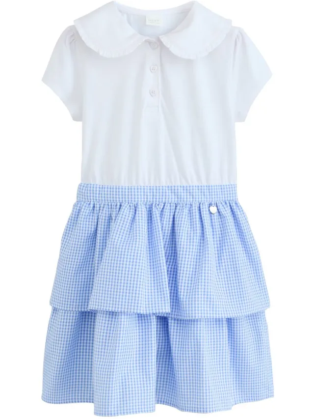 Next Meisjes - Gelaagde Twofer schooljurk met stroken en ruiten - Blauw White and Blue