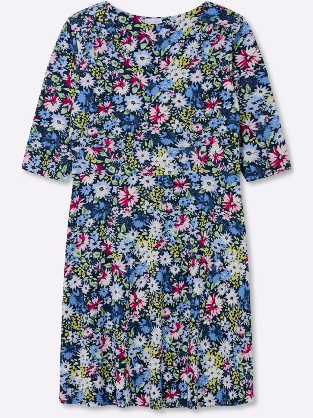 Jersey jurk diepblauw/hemelsblauw gedessineerd