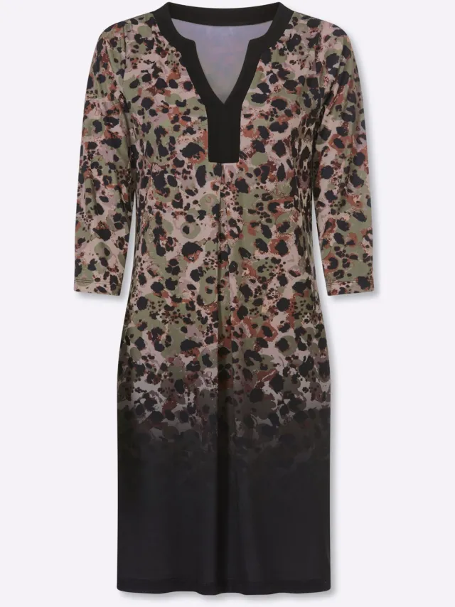 Jersey jurk zwart/kaki geprint