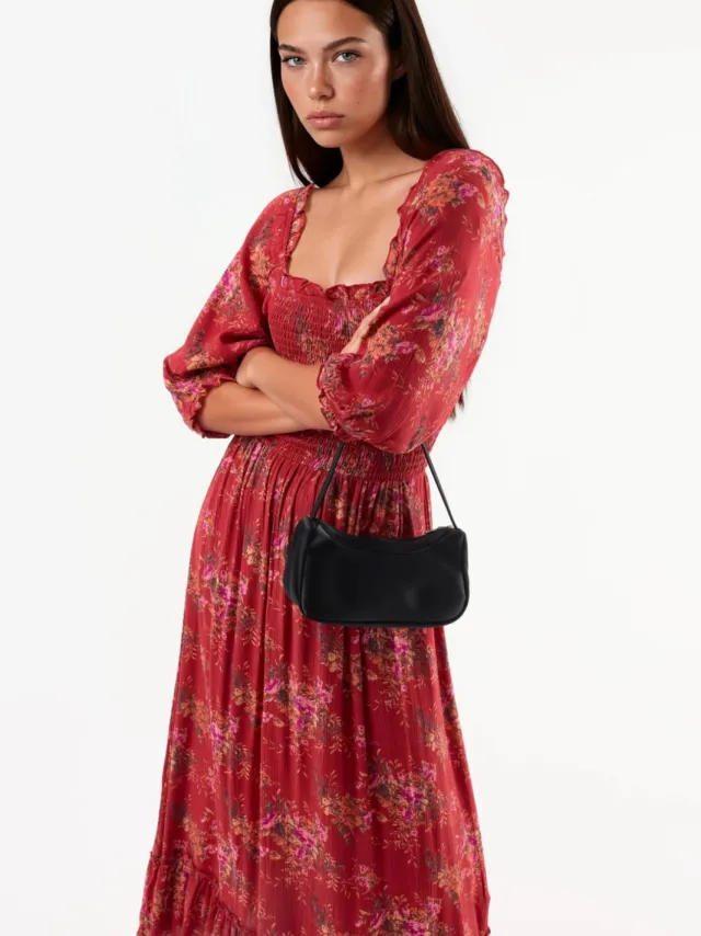 Busem Bloemen Vierkante Hals Midi Jurk Rood