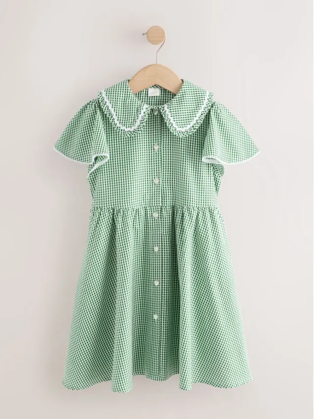 Next Meisjes - Katoenrijke gingham schooljurk met wijde mouwen - Groen Green