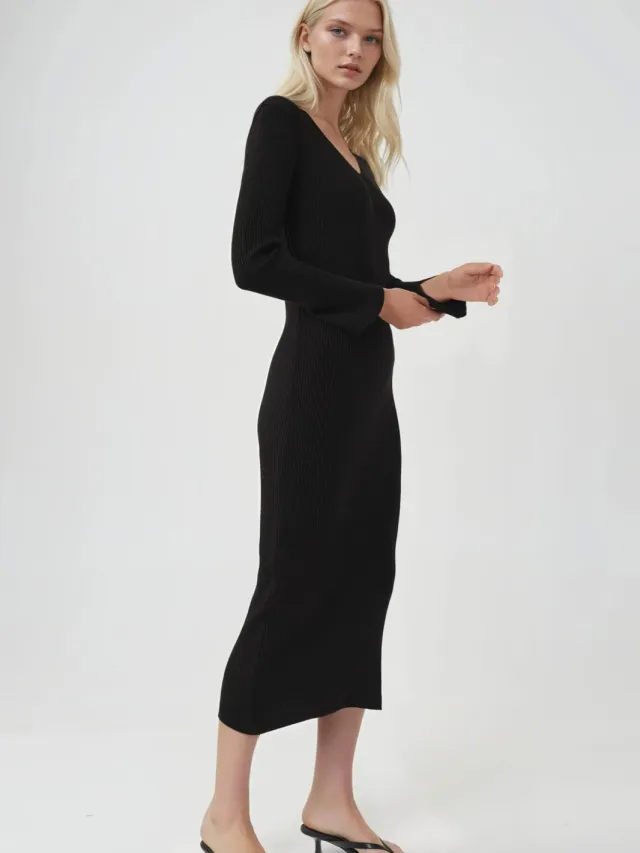 MyFashion V-Hals Textured Maxi Tricot Jurk met Split Zwart
