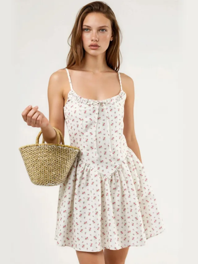 Busem Bloemen U Hals Mini Jurk met Strik Detail Beige