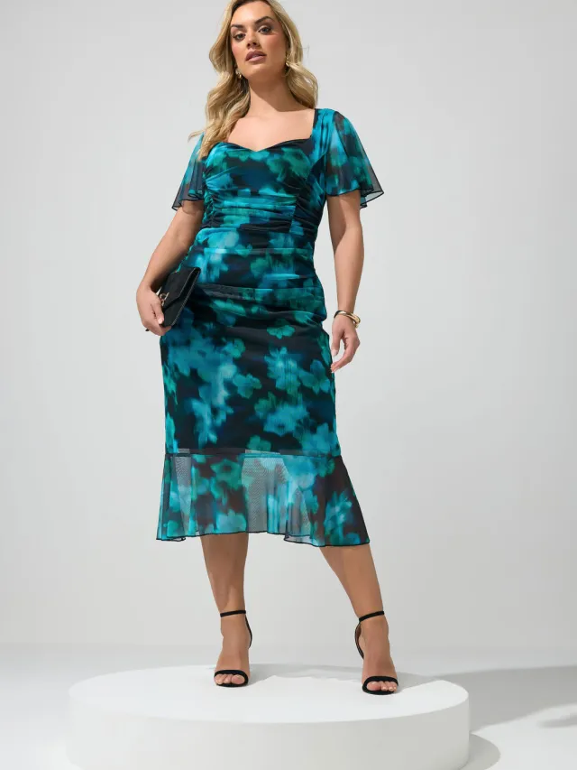 Yours London Blauwgroene Jurk Met Vervaagde Print En Geplooide Stijl Blue