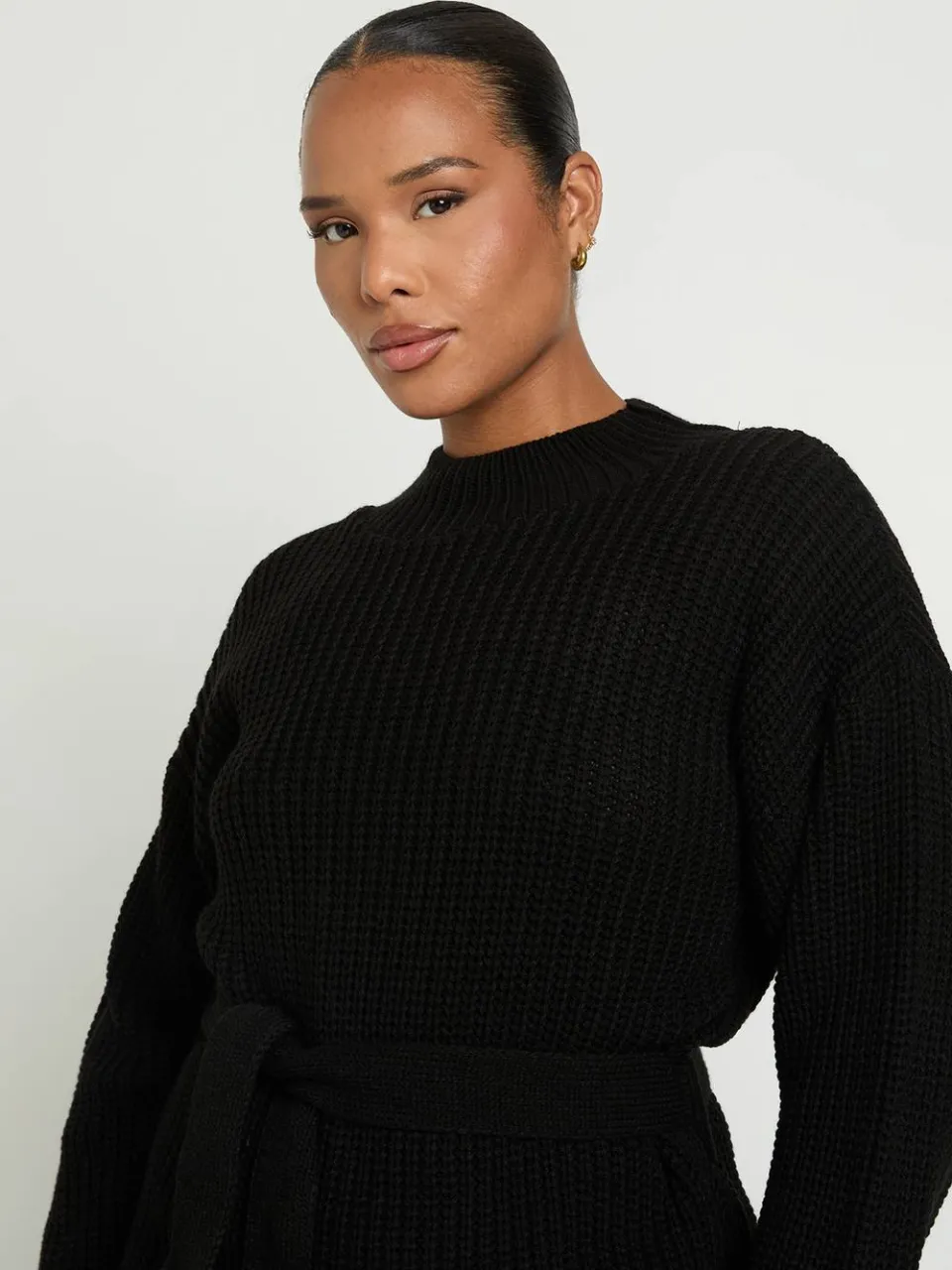 boohoo Dames Plus Gebreide Jurk Met Ceintuur Mini zwart, foto 3