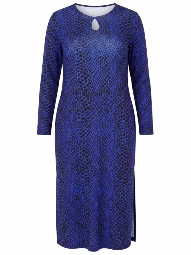 Ulla Popken Dames - Maxi-jurk grafische print ronde hals lange mouwen - Zwart - Maat 58+
