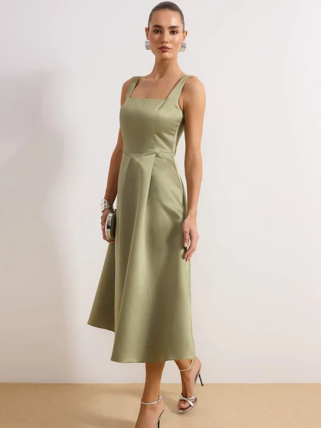 Trendyol TRENDYOLMİLLA Dames Groen Effen Midi Mouwloos Stijlvol/Avond Skater Jurken